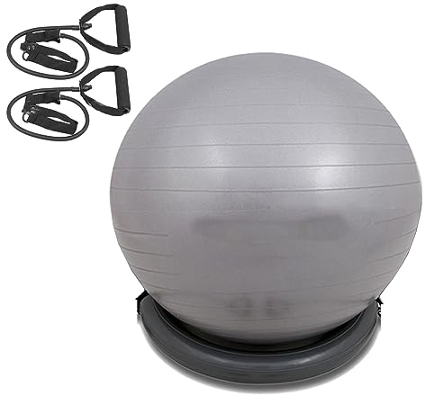 Balance Ball Stuhl Gymnastikballstuhl mit Widerstandsbändern, Anti-Rutsch-Stabilitätsball-Basis-Kits für Heim-Fitnessstudios, Multifunktions-Fitness-Yoga-Ball-Bürostuhl, 55/65/75cm ( Color : Grey , Si