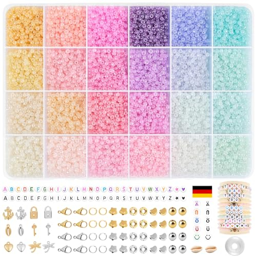 HOLDLEAF 3mm Bunte Perlen für Armbänder,Perlen zum Auffädeln Set mit A - Z Ä Ö Ü ß 400 Buchstabenperlen，Armbänder Machen Glasperlen für DIY Armband Schmuckherstellung Kit
