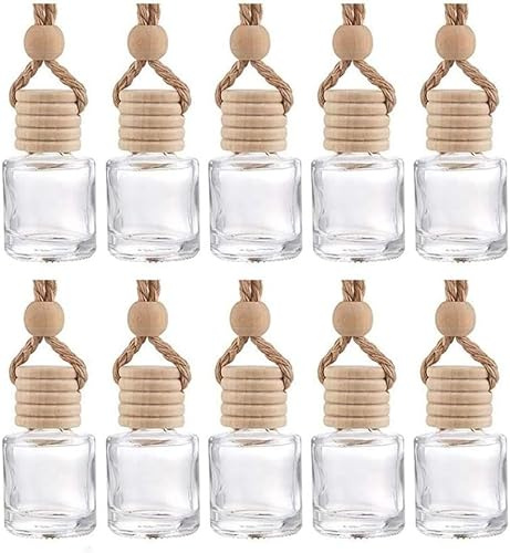 10 Stück Auto Parfüm Glasflasche Leer,8ml Auto Lufterfrischer Anhänger,Aromatherapie ätherisches Öl Diffusor Nachfüllbar,Duftflaschen zum selbst befüllen mit Holzabdeckung,für Auto Zuhause Büro