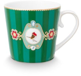 Pip Studio Love Birds medaljong mugg med handtag, randigt mönster, grön, 250 ml