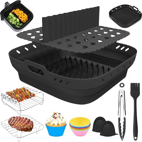 Bestash Molde Silicona Freidora de Aire,Accesorios Freidora de Aire 22CM, para COSORI 5,5L 6,4L Cecotec 6L Cuadrada Airfryer （Negra）