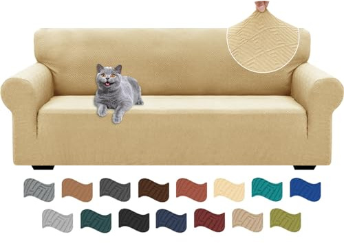 Ystyle Stretch Sofa Überzug 3 Sitzer, Sofabezug rutschfest Mit Armlehne, Elastische Couch Überzug Jacquard, Universal Sofa Cover Moderne, Sofaschoner Hund Katze Für Wohnzimmer, Beige Gelb
