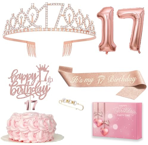 Decorazione per torta di compleanno per ragazza, 17° compleanno ragazza, corona e sciarpa Happy Birthday, decorazione per torta e candele, palloncino in alluminio oro rosa 17, regalo di compleanno