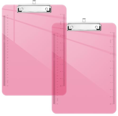 Piasoenc Lot de 2 planchettes à pinces en plastique, porte-bloc translucide avec profil bas, porte-bloc violet avec règle, porte-bloc fournitures scolaires, format lettre 31,8 x 22,9 cm,rose