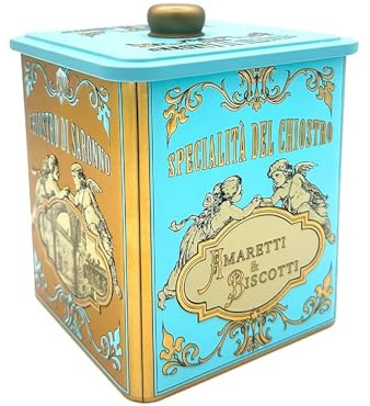 Chiostro di Saronno Assortimento Mix Mini Amaretti del Chiostro weich, Haselnuss und Zitrone 200 g, Mischung aus weichen Mini-Amaretti, Haselnuss und Zitrone, handverpackt in Vintage Biscuitdose