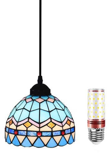Uziqueif Lampen Hängend, Tiffany Mediterran Style Hängelampe, 8 Zoll Vintage Pendant Light, Glas Lampenschirm, Höhenverstellbar, Pendelleuchten für Esstisch Küche Flur Schlafzimme Wohnzimmer