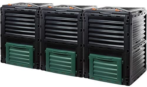 Composter, modello Leo, set da 3 pezzi in plastica resistente, con coperchio ribaltabile, 3 x 300 litri (H83 x 61 x P61 cm), compostiera termica per rifiuti da giardino e cucina, 100% plastica