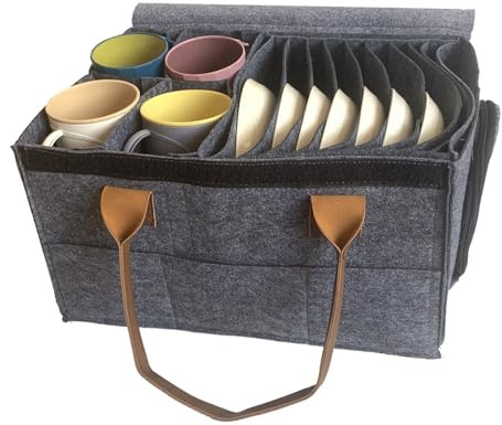 TOWEBOORY Caravan Plate Holder, Camping Dinnerware Storage Felt Bag Motorhome Camping Glass Carrier Dinnerware Storage Bag Felt Bag with Cup Holder for Drinking Glasses Wine Glass Holder Tableware
