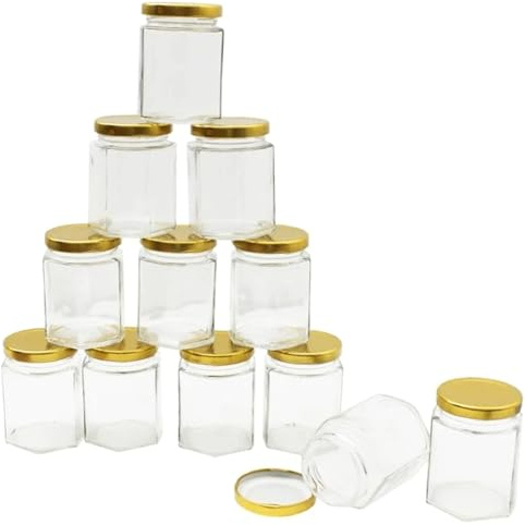 JOLAFUNBS 12x Glass Jam Jars with Lids - Wide Mouth 190ml Glass Preserve Pots Hexagonal Storage, Screw Top Red Gingham Lid, Airtight Pickling Jars, Chutney, Kitchen Spice Jars with Lids and Labels
