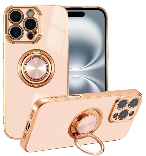 EYZUTAK Electroplated Magnetic Ring Holder Case for iPhone 16 Pro Max, 360 Degree Rotation Metal Anti-fall Finger Ring Kickstand Magnet Car Holder Slim Soft Silicone Shockproof Cover - Light Pink