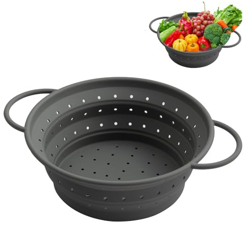 Faltbarer Seiher Sieb, 25 cm Waschschüssel für Gemüse, Abtropfsieb aus Silikon, Küchen Sieb, Faltbares Abtropfsieb, Aufbewahrung in der Küche, zum Abtropfen von Nudeln, Gemüse und Obst, Grau