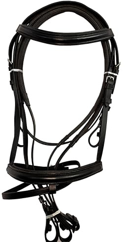 Preto Briglia imbottita in pelle equestre con fascia per frontalino rialzata di alta qualità con impugnatura in gomma redini artigianali rimovibili flash forte antiscivolo raccordi in acciaio