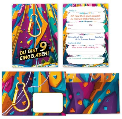 JuNa-Experten 12 Einladungskarten incl. 12 Umschläge zum 9. Kindergeburtstag Jungen Mädchen Klettern Kletterpark coole bunte Einladungen neunte Geburtstag