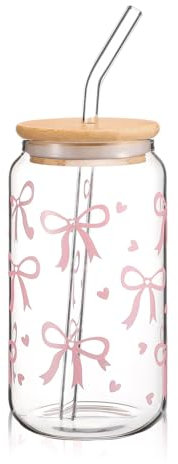 Cosmeria Glass Drinking Cup with Lid and Straw, Elegant 16 oz Bow Cup for Bubble Tea, Coffee or Cocktail, Versatile and Stylish Drinking Glass