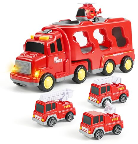 Weinsamkeit Jouets Camion de Transport, Camion de Pompier 5 en 1 avec Son et Lumière Jouet Enfant Friction Power Jouet Voiture Cadeau Anniversaire Véhicules pour Garçons Fille 1 2 3 4 5 6 Ans