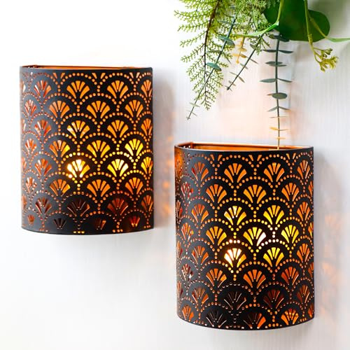 JHY DESIGN Set mit 2 Batteriebetriebenen Lampen 20 cm hoch Wandleuchte Metall Rustikale Wandleuchte mit 6-Stunden-Timer für Wohnzimmer Schlafzimmer Flur Treppe (Braunes Flabellum)