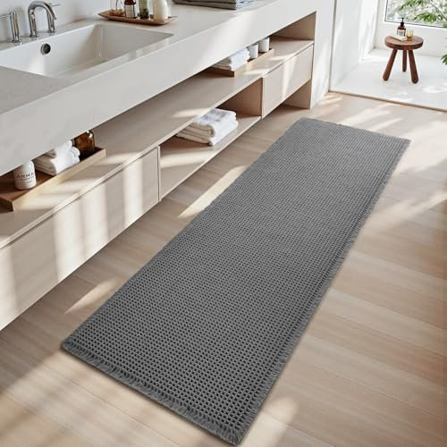 SIXHOME Bath Mat Waffle Super Absorbent Non Slip Bath Ultra Soft Mats for Bathroom Washable Bathroom Rugs with Tassels Rubber Backed Bathroom Mats Darkgrey 50 * 150cm