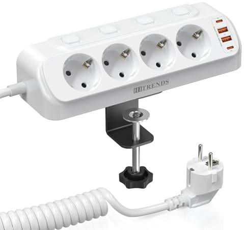 Toma de mesa de 4 veces, con 2 USB C, regleta de esquina con 2 USB, regleta de enchufes, escritorio, interruptor individual, protector contra sobretensiones con cable de 2 m para el hogar, oficina