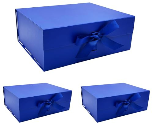 Tekhoho 3-pack blå stor presentlåda 33,5 x 27 x 12,5 cm, premium presentlåda med magnetiskt lock och band för bröllops- och födelsedagspresenter, rutigt foder