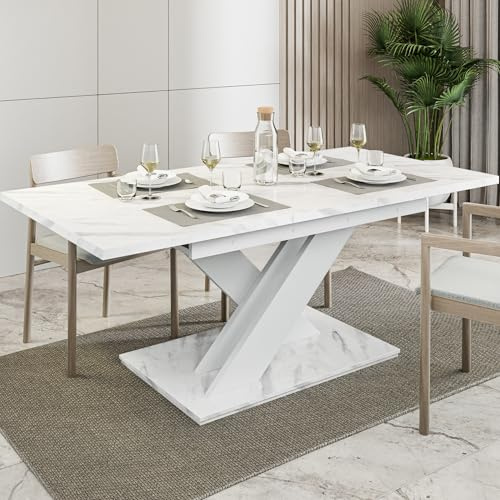 White Extendable Dining Table, 6-8 Seater, 140-180cm, Marble Effect, BRONX | 6ft Modern Dining Table, Seats 6-8 People, Table Only – No Chairs, Kitchen Table, Glamour Marble Effect, Space-Saving Design