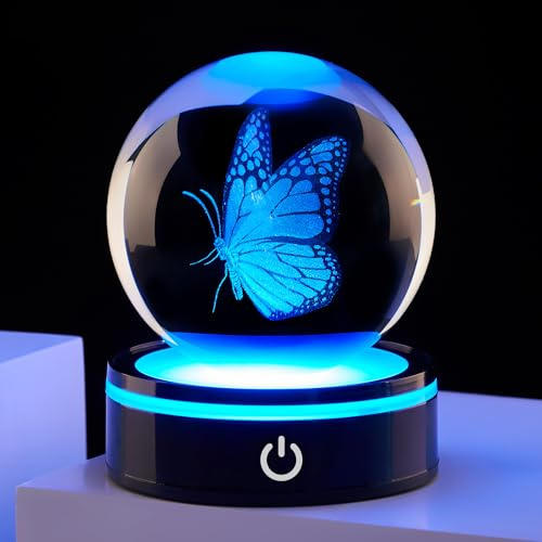Ghtixsu 3D Crystal Ball Butterfly Statue, Colorful LED Base, Birthday Gifts for Men and Women, Gratitude Gifts, Family, Teachers, Friends, Girlfriends, Butterfly Decoration Glass Ball