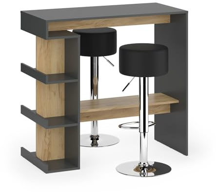 Vicco Tavolo bar alto Dana, Antracite/Rovere dorato, 108 x 50 cm con 2 sgabelli da bar, con ripiani aperti per l'utilizzo come tavolo alto