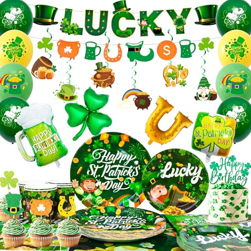 St. Patrick's Day partydekorationer, 87 stycken stycken stycken Patrick's festservis hängande virvel banderoll tallrik bordsduk servett ballonger etc St Patrick's Day temafest dekoration
