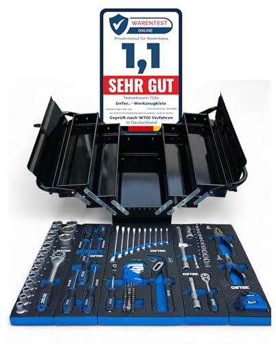 Werkzeugkiste klassischer Metall-Werkzeugkasten gefüllt mit Werkzeug - 96tlg. Sortiment mit Carbon Optik Einleger- Klappkiste Schwarz Werkzeugkoffer
