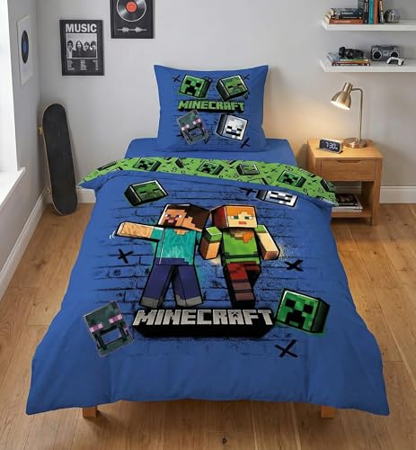 Juego de cama Minecraft - Funda nórdica de 135 x 200 cm + funda de almohada 80 x 80 - Microfibra ultra suave - Diseño oficial Steve, Alex & Creeper - Reversible Niño/Adolescente