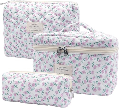 3Pcs Coquette Makeup Bag, Cotton Quilted Large Capacity Cosmetic Bag, Make Up Bags for Women and Girls, Portable Travel Floral Makeup Bag, Capacity Aesthetic Floral Toiletry Bag (Purple Flower)
