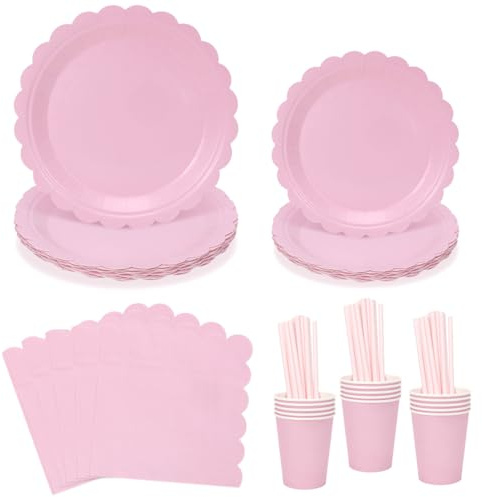 Augesak 125 Stück Partygeschirr Set Rosa für 25 Gäste, Gewellte Hellrosa Partygeschirr Set Pappteller, Servietten, Becher, Rosa Geschirrset für Party Deko Babypartys Geburtstag Hochzeiten Muttertag