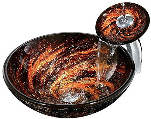 HomeLava Modern Waschbecken Glas Set Aufsatzwaschbecken Rund mit Wasserfall Wasserhahn und Ablaufgarnitur