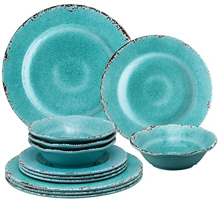 Gourmet Art 12-Piece Crackle Heavyweight and Durable Melamine Dinnerware Set, Turquoise, Service for 4. Includes Dinner Plates, Salad Plates and Bowls. for Indoors Outdoors Use and Everyday Use