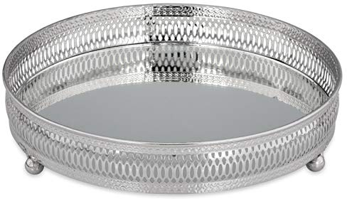 Kleines Rundes Spiegeltablett Ø 25 cm - Verspiegeltes mit Füßen und hohem Rand - Vernickelt, ideal für Deko, Kosmetik, Schmuck, Kerzen, Hochzeit, Wohnzimmer