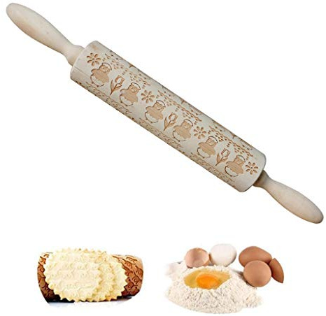 DesignerBox - Mattarello in legno con motivi incisi per goffratura, a tema pasquale, mattarello, per dolci fai da te, biscotti, pasta di zucchero Pulcini e Fiori