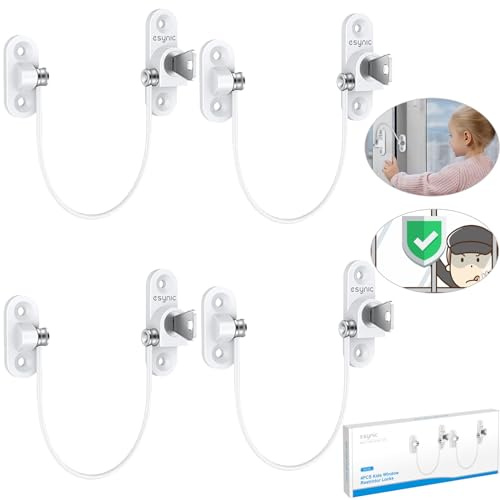 eSynic 4 Pack Durable Window Restrictor Locks Window Lock UPVC Child Baby Safety Security Wire Catch with Screw Keys for Baby Children Safety Perfect for Home Public and Commercial Applications-White