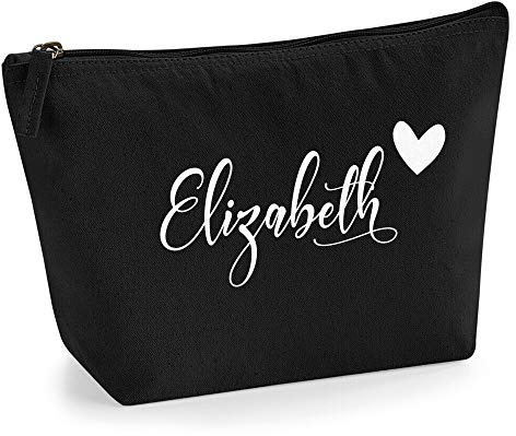 Personalisiert Name Initialen im Herz Design Kosmetiktasche Damen Schminktasche für Handtasche Makeup Tasche mit Texturdruck - Weiße Flocke - M | Schwarz