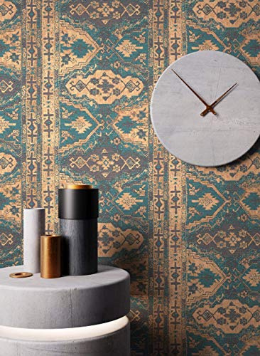 Newroom Vliestapete Petrol Teppich Orientalisch Mustertapete Wohnzimmer | Orientalisches Teppichmuster, Ornamente und Rauten, verwaschener Used-Look, Boho Vintage Ethno, Wandtapete Wohnzimmer