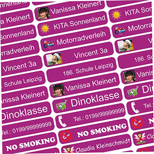 INDIGOS UG® Etiqueta de nombre con tu Imagen - foto - 36x7 mm - 300 piezas para niños, escuela y jardín de infancia: bolígrafos, estuches de lápices - violeta - Sube tu motivo individual