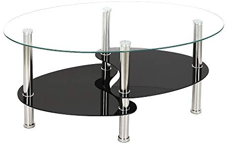 Couchtisch aus Hartglas, einfach und elegant, Couchtisch mit Metallbeinen, oval, mit 2 Einlegeböden, 90 x 50 x 43 cm (Oberseite transparent – Unterseite Schwarz)