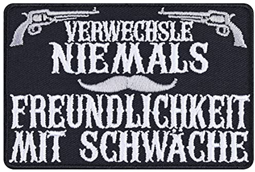 Rocker Patch Verwechsle niemals Freundlichkeit nicht mit Schwäche Kutten Aufnäher Heavy Metal Bügelbilder Biker Sticker für Männer/Frauen DIY Applikation für alle Stoffe | 90x60mm