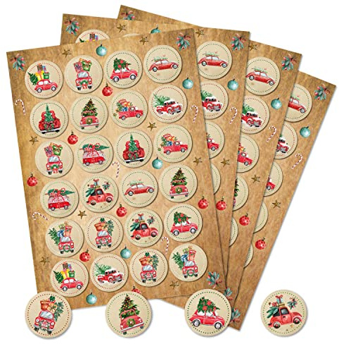 96 Weihnachten Aufkleber Sticker vintage rund 4 cm beige alt Deko Geschenke rot grün Trucks Premium Made in Germany Logbuch-Verlag