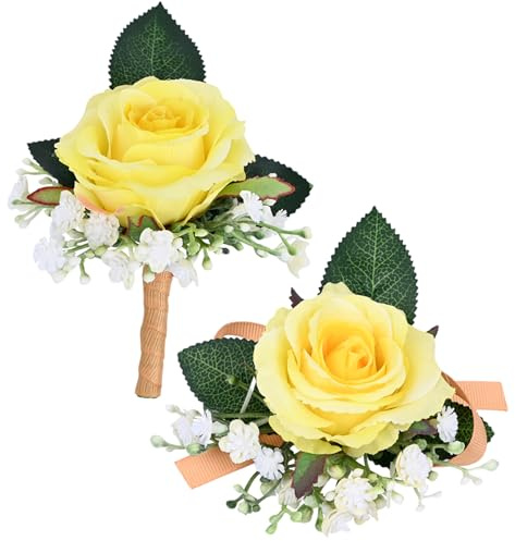 MAFELOE Künstliche Rosen-Ansteckblume für Bräutigam, Braut, Trauzeugen, Brautjungfern, Kunstblumen, Accessoires, Hochzeit, Party, Abschlussball, Anzug, Dekorationen, 2 Stück, Gelb