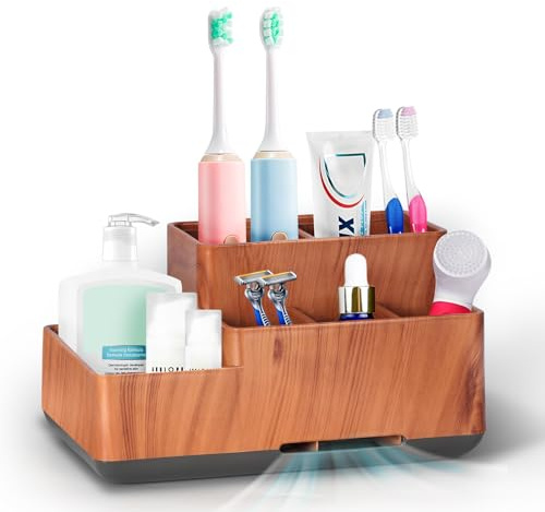 Soporte Cepillo de Dientes, Limpieza Extraíble Porta Cepillo de Dientes,Almacenamiento Multifuncional para Pasta de Dientes, Afeitadora, Productos para el Cuidado de la Piel，Grano de Madera