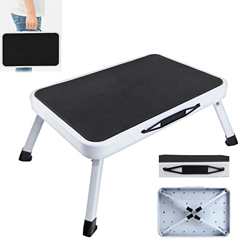 Step Stool Compact Folding One Steps Ladder with Anti Slip Mat Tread, Heavy Duty Stool Folding Lightweight Steel Kitchen Step Ladder, Foldable Design Ideal for Home/Kitchen/Garage, 330lbs Capacity