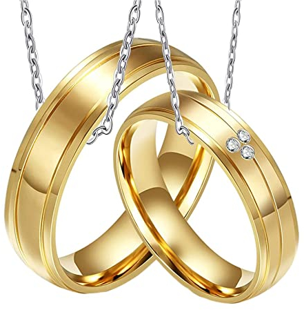 Homxi Ringe Partner Kette,Paar Ring Edelstahl Hochzeitsringe mit Gravur Goldring mit 6MM Rund Weiß Zirkonia Halskette Damen 50cm Herren Halskette 60cm