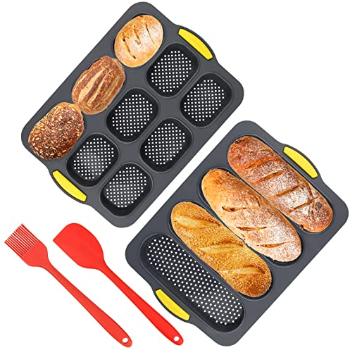 Brötchen Backform Silikon Set - Mini Baguette Brotbackform Klein Mit Silikonmesser Und Pinsel