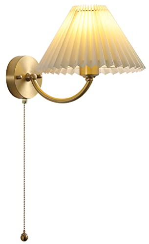 EOEO Moderne Wandleuchte aus Messing mit Zugschalter, E27 Innen Wandlampe Nachttischlampe Stoffschirm Leselampe für Schlafzimmer Wohnzimmer Flur, Messing