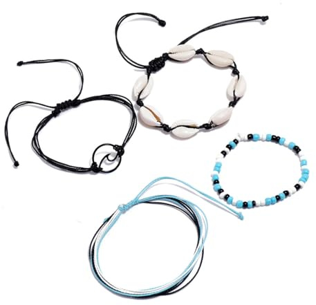 Cubahop Fußkettchen, mehrlagig, gewebt, Seil, Muschel, blaue Perlen, Knöchelarmbänder, Wellen, Sommerfußzubehör, Schmuck für Damen und Mädchen, 4 Stück