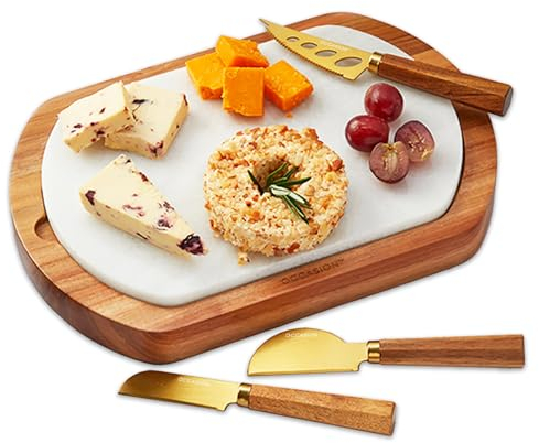 Occasion Wood and Marble Cheese Board and 3 Piece Knife Set With Removeable Marble Chopping Board